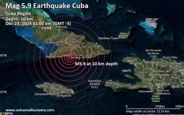 Sismo en el oriente de Cuba, en la madrugada del 23 de diciembre de 2024. Gráfico: Volcano Discovery / La Demajagua.