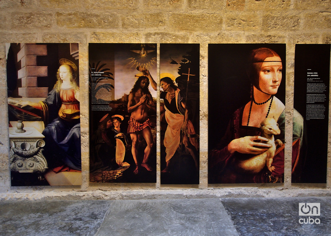 Réplicas de pinturas de Leonardo da Vinci en el Castillo de Atarés: "La anunciación", "El bautismo de Cristo",  y "La dama del armiño". Foto: Otmaro Rodríguez.